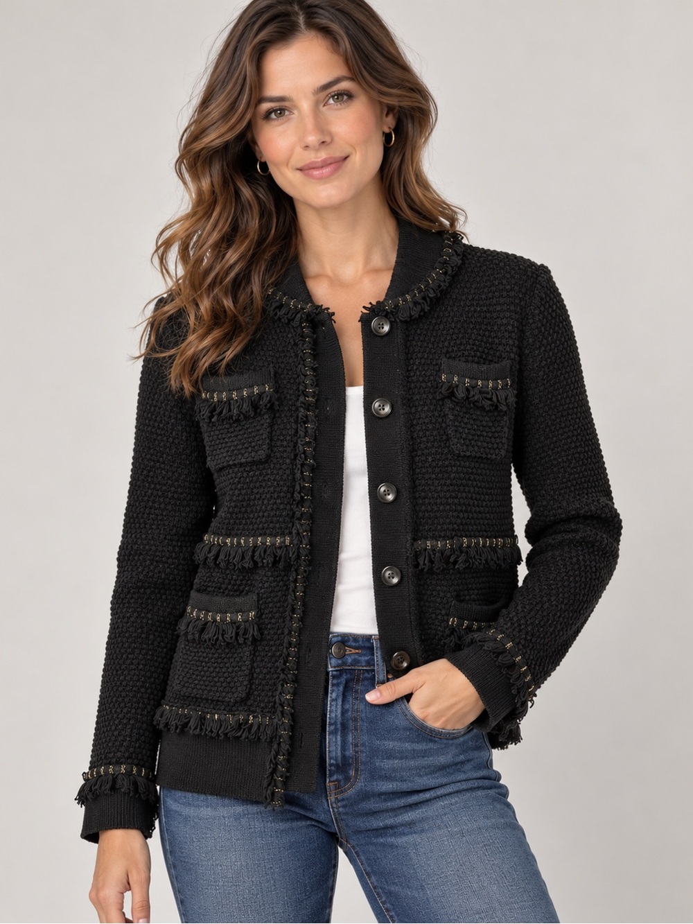 Venue Women’s Large Black Textured Fringe Cardigan Jacket Gold Accent 4 Pocket